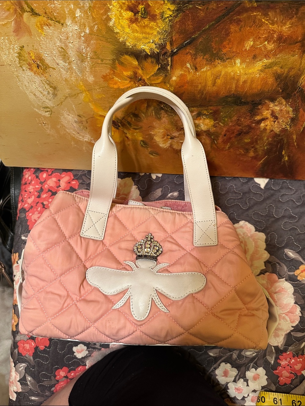 My Flat in London Quilted Pink Top-Handle Bag with Crown Bee Accent